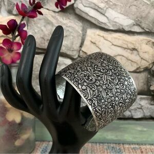 Vintage Signed Sarah Coventry Embossed Huge Wide Runway Silver Cuff Bracelet